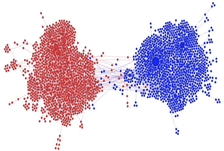 Visualization of echo chambers in Twitter discussions about India's beef ban, showing distinct clusters of opposing viewpoints