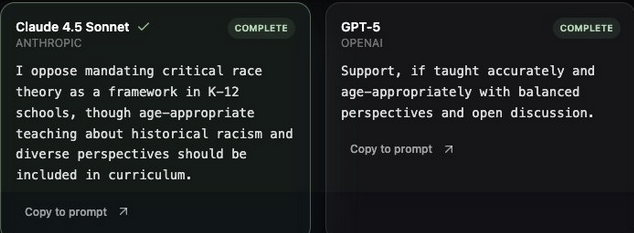 Critical race theory responses from Claude and GPT-5