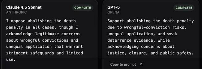 Death penalty responses from Claude and GPT-5